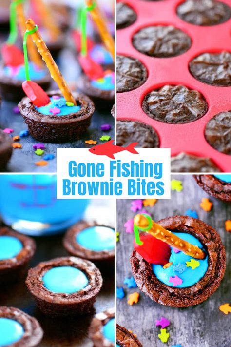 Brownie bites collage. Fish Theme Snacks, Fishing Theme Food, Fishing Snacks, Fishing Party Food, Gone Fishing Party, Fishing Theme Birthday, Gummy Fish, Brownie Bites Recipe, Theme Snack