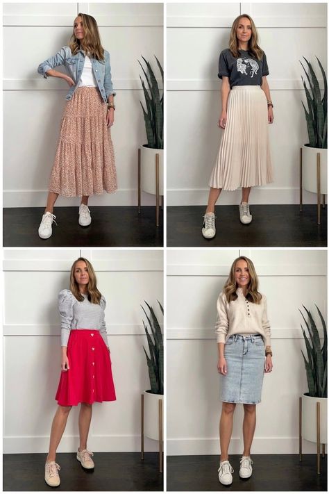 4 Ways to Wear Sneakers With Skirts - Merrick's Art White Sneakers Skirt Outfit, Midi Skirt Outfit With Sneakers, Midi Skirt Sneakers Outfit, Sneakers With Skirt, Sneakers And Skirt Outfit, Sneakers With Skirts, Midi Skirt With Sneakers, Pleated Skirt And Sneakers, Justice Outfits