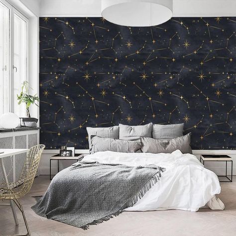 Celestial Watercolor Wallpaper Self Adhesive Wallpaper Stars | Etsy Wallpaper Night Sky, Constellation Wallpaper, Dark Celestial, Celestial Watercolor, Large Wall Decals, Wallpaper Stores, Night Sky Wallpaper, Temporary Wallpaper, Wallpaper Accent Wall