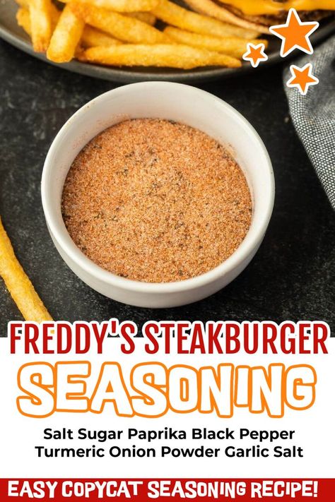 Copycat Freddys Fry Seasoning, Freddy’s Burger Seasoning, Diy Burger Seasoning, Fry Seasoning Recipe, Hamburger Spices, Hamburger Ideas, French Fry Sauce, Fry Seasoning, Frozen Fries