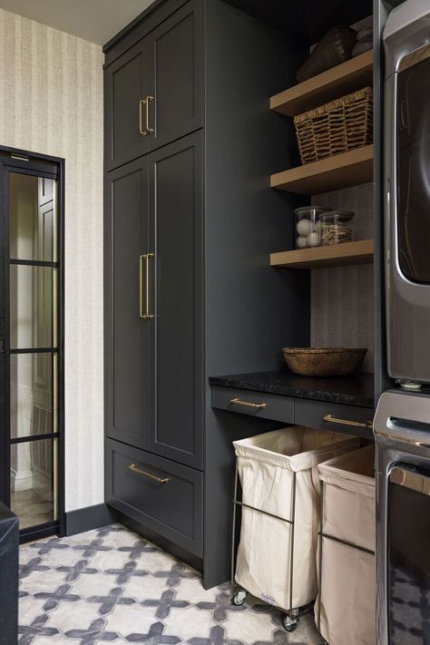 Granite Bay Laundry Room French Modern Laundry Room, Built In Laundry Room Cabinets, Mudroom Laundry Room Stacked Washer Dryer, Laundry Baskets In Laundry Room, Laundry Room With Dark Cabinets, Laundry Mudroom Bathroom Combo, Iron Ore Laundry Room Cabinets, Dark Laundry Room Floor, Tile In Laundry Room Wall