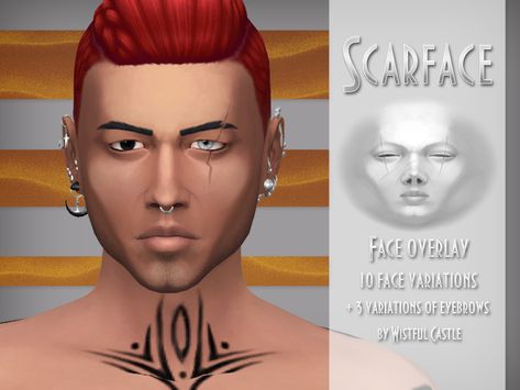 Male face overlay with scars. Contains 10 different variations, including Asian eye type. Compatible with any makeup, skin tones colors and even some of the other overlays. Also could be used and... Eyebrow Scar, Face Overlay, Sims Makeup, Eye Scar, Sims 4 Cc Eyes, Skin Details, Sims 4 Cc Makeup, Sims 4 Cc Skin, Types Of Eyes