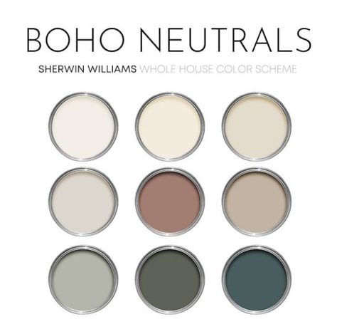 This listing is for a Boho Neutrals color scheme, created with Sherwin Williams paint colors and featuring many best-selling colors, including the 2023 Color of the Year, Redend Point. I have carefully selected a range of 9 colors for this palette, and included options for walls, trim, furniture, cabinets and doors. Sherwin Williams has hundreds of paint colors, each with their own unique undertones. This can make choosing the right paint colors Sw Boho Paint Colors, Boho Farmhouse Color Palette, Sherwin Williams Boho Paint Colors, Valspar Paint Colors Neutral, Sherwin Williams Redend Point, Interior Paint Colors For 2024, Color Schemes For The Home, Earthy Boho Color Palette, Redend Point