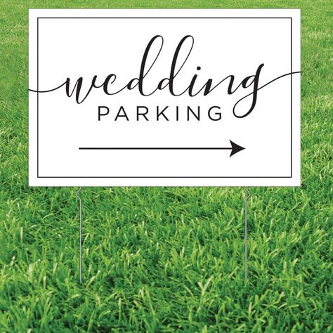 Show wedding guests where to park with this elegant parking sign. Great for weddings that take place in unconventional venues where parking might not be obvious, this yard sign takes the guess work out for friends and family coming to share in your big day. That way, they can focus more on you and your spouse-to-be! Includes metal stakes. Corrugated plastic. 26" x 17" Simple assembly required. © OTC Parking Signs For Party, Wedding Yard Signs, Parking Signs For Wedding, Wedding Parking Sign, Wedding Road Signs, We Still Do Bbq, Written In The Stars Wedding, Wedding Parking, Farm Signage