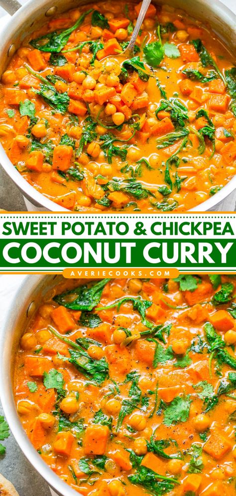 Thai Chicken Coconut Curry, Sweet Potato Coconut Curry, Crock Pot Curry, Sweet Potato Chickpea Curry, Chicken Coconut Curry, Chickpea Curry Recipe, Chickpea Coconut Curry, Averie Cooks, Sweet Potato Curry