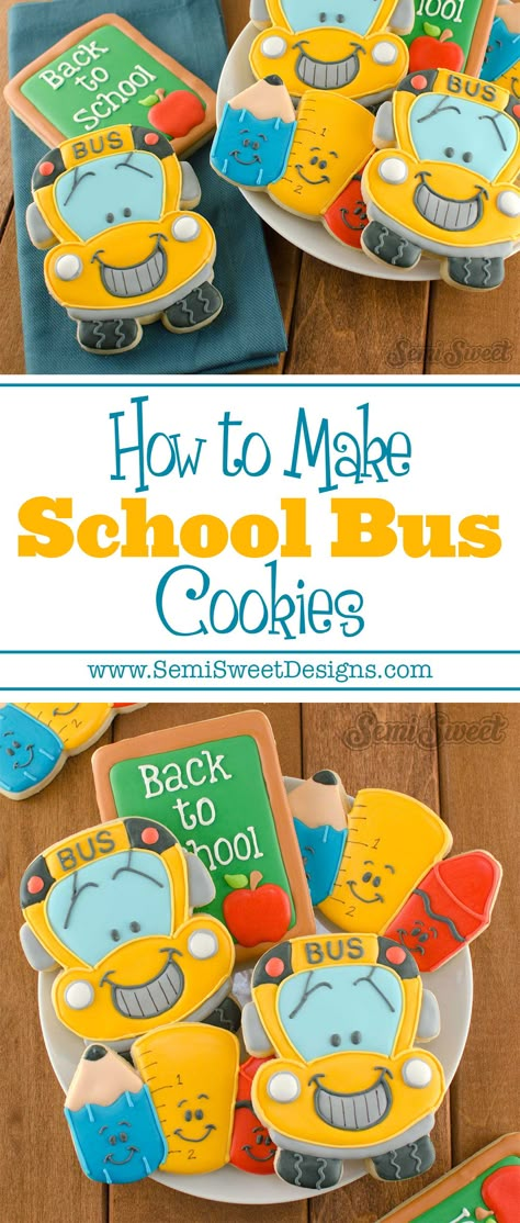 How to Make School Bus Cookies School Bus Cookies Decorated, School Bus Cookies, Bus Cookies, Cookie Bouquets, School Cookies, School Cake, Decorated Cookies Tutorial, Movie Cars, Cookie Business