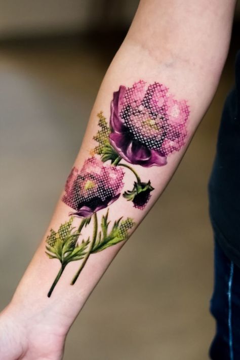 Cross-stitch botanical illustration purple pink anemone flowers tattoo Stitch Flower Tattoo, Anemone Flower Tattoo, Anemone Tattoo, Cross Stitch Tattoo, Pink Anemone, Cross Stitch Flower, Meaningful Symbols, Unicorn Tattoos, Inner Forearm