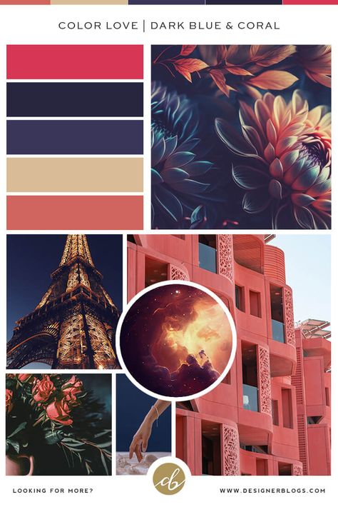 Color Love | Dark Blue & Coral - Designer Blogs Peach Bedroom, Coral Colour Palette, Coral Bedroom, Vibe Board, Gray Color Palette, Modern Shades, Cream Room, Love Dark, Spring Yellow