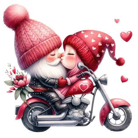 Gnome On Motorcycle, Valentines Painting, Gnome Ideas, Motorcycle Couple, Valentines Watercolor, Gnome Pictures, Valentines Sign, Pencil Sketches, Cute Animals Images