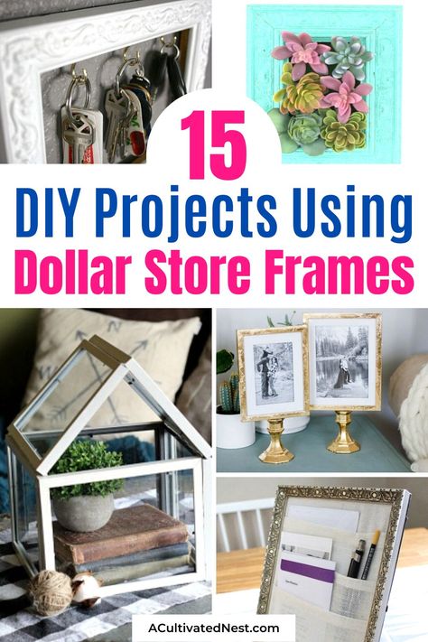 15 DIY Home Décor Projects with Dollar Store Frames- If you want to update your home's décor easily on a budget, then you'll love these DIY décor projects that use dollar store frames! | dollar store décor ideas, #DIY #diyProjects #dollarStoreDIY #dollarStoreCrafts #ACultivatedNest Dollar Store Picture Frame Ideas, Dollar Tree Frame Crafts, Diy Dollar Tree Picture Frame Crafts, Dollar Tree Picture Frames Ideas, Diy Shadow Box Frame Dollar Stores, Dollar Tree Picture Frame Crafts, Dollar Store Party Decorations, Frame Decorating Ideas, Craft Picture Frames