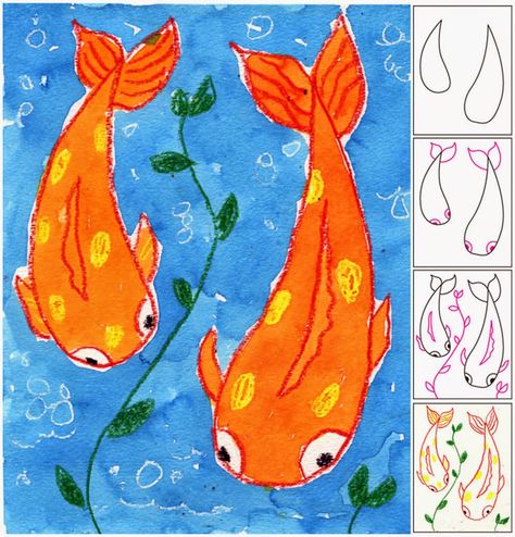 Koi Fish Painting Project. #artprojectsforkids #koi Art 2nd Grade, Trin For Trin Tegning, Arte Jazz, Koi Fish Painting, Classe D'art, 2nd Grade Art, 4th Grade Art, 3rd Grade Art, Art Projects For Kids