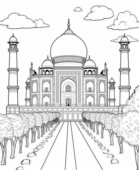 You will see incredible black and white pictures of Incredible landmarks which are ready to get colored with your creativity Taj Mahal Drawing Easy, Taj Mahal Pencil Drawing, Taj Mahal Coloring Page, Taj Mahal Outline, Famous Landmarks Drawing, Scene Princess, Paper Dolls Diy, Ancient Myths, Online Coloring Pages