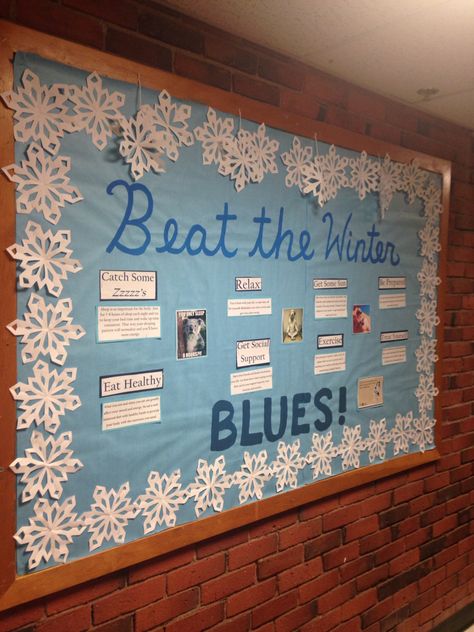 Hygge Bulletin Board, Winter Ra Boards Ra Bulletins, Winter Bulletin Boards For Middle School, Snow Themed Bulletin Boards, Winter Themed Ra Bulletin Boards, Christmas Mental Health Bulletin Board, Winter Blues Bulletin Board, Student Council Bulletin Board, Winter Theme Bulletin Boards For School