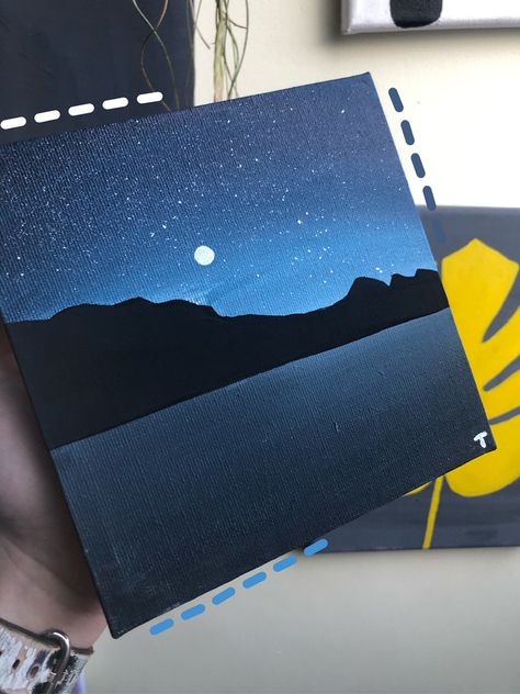 Mini Canvas Sky Paintings, Night Sky Easy Painting, Night Drawing Easy, Big Canvas Painting Ideas Easy, Night Sky Painting Easy, Sky Painting Acrylic, Square Canvas Art, Ideas For Painting, Small Canvas Paintings