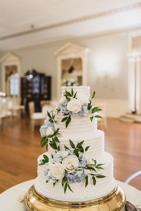 Two Tone Blue Wedding, Wedding Flowers With Dusty Blue, Dusty Blue And Silver Wedding Cake, Coastal Theme Wedding Decor, Navy And Dusty Blue Wedding Cake, Blue White And Black Wedding Theme, Light Blue And White Wedding Decorations, White Wedding Cake With Dusty Blue Flowers, Dusty Blue Fall Wedding Theme