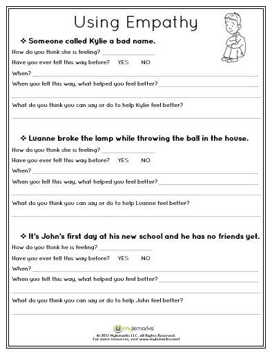 Mylemarks Worksheets, Empathy Worksheets For Kids, Empathy Scenarios, School Counseling Worksheets, Emotion Regulation Activities For Kids, Empathy Worksheet, Therapy Activity For Kids, Empathy Activities For Kids, Social Emotional Worksheets