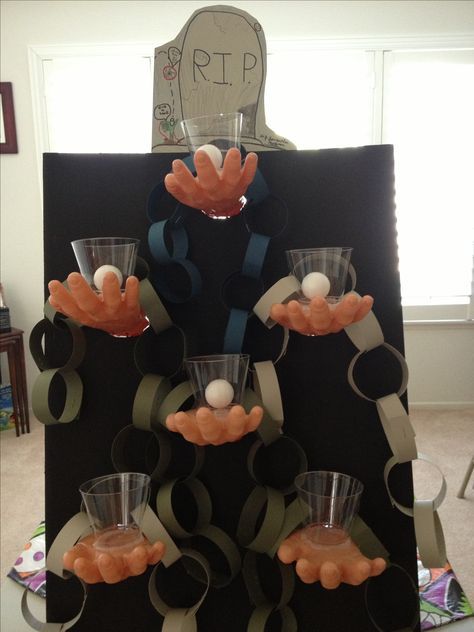 Ball toss game!  DT hands, cups & balls!! Halloween Carnival Games, Dekorasi Halloween, Festival Games, Casa Halloween, Halloween Games For Kids, Zombie Party, Games Diy, Adornos Halloween, Halloween Bash