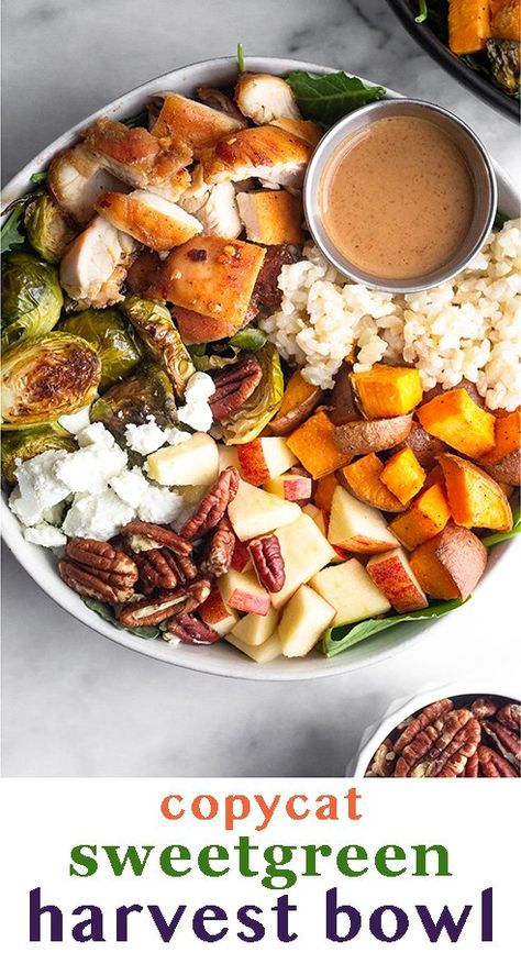 Copycat Sweetgreen harvest bowl made with marinated chicken, roasted sweet potato and brussels, apple, pecans, goat cheese, and a creamy balsamic dressing. It makes a flavor-packed grain bowl perfect for a healthy lunch or dinner and great option for meal prep. Greens And Grain Bowl, Grain Bowl Salad, Grain Bowl Dressing Recipes, Healthy Harvest Bowl, Harvest Bowl Sweetgreen Recipe, Chicken Grain Bowl Recipe, Grain Bowl Dressing, Sweet Potato Harvest Bowl, Copycat Sweetgreen Recipes