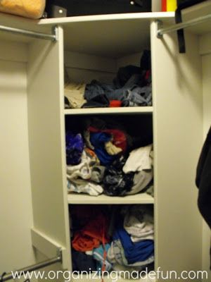 Corner closet with diagonal shelving | OrganizingMadeFun.com Corner Shelf Closet Organization, Corner In Closet Ideas, Corner Linen Closet Organization, Corner Closet Storage, Corner Closet Organization, Maximize Corner Closet Space, Small Closet With Corner Shelves, Closet Corner Ideas, Closet Corner Solutions