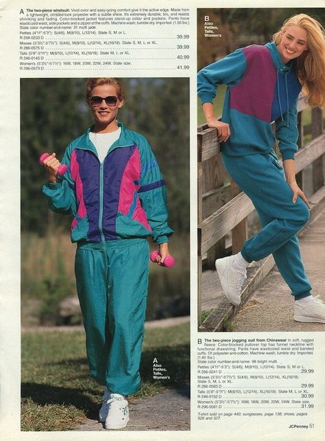 OMG yessss, you match those weights to your windsuit. Speedwalk like the wind. | The 21 Most Embarrassing Pages Of The 1993 J.C. Penney Fall Catalog 90s Windbreaker Outfit, Parents Closet, 80s Track Suit, Windbreaker Outfit, 80s Windbreaker, 90s Windbreaker, 80’s Fashion, Tracksuit Outfit, 80s Outfit