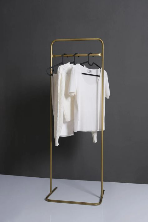 Gold Clothing Rack, Store Rack, Industrial Clothing Rack, Wall Mounted Clothing Rack, Gold Clothing, Modern Coat Rack, Shoe Model, Boutique Display, Standing Coat Rack