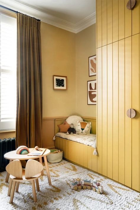 Yellow Kids Bedroom, London Bedroom, Built In Banquette, Yellow Bedroom, House Bed, Yellow Painting, Child's Room, Farrow Ball, Reading Nook