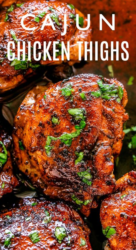 Roasted Cajun Chicken Thighs - Flavorful and juicy oven-roasted chicken thighs prepared with the tastiest cajun rub and served over simple, but delicious cauliflower rice. #chickenrecipes #chickenthighs #cauliflowerrice #cajun Chicken Thighs And Cauliflower, Cajun Chicken Thighs, Oven Roasted Chicken Thighs, Chicken Thights Recipes, Cajun Chicken Recipes, Cajun Dishes, Roasted Chicken Thighs, Chicken Thigh Recipes Oven, Boneless Chicken Thigh Recipes