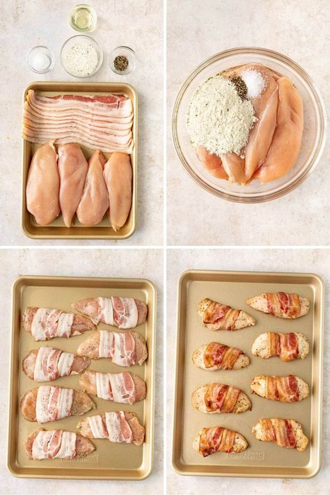 Baked Bacon Ranch Chicken is a wonderfully flavorful weeknight dinner with juicy chicken coated in ranch mix and wrapped in crispy bacon. Chicken Bacon Swiss, Chicken Bacon Recipes, Bacon Ranch Chicken, Baked Ranch Chicken, Oven Baked Bacon, Ranch Chicken Recipes, Ranch Mix, Baked Bacon, Bacon Wrapped Chicken