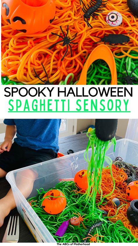 Cooked Spaghetti Sensory Play, Dyed Spaghetti Noodles Sensory Play, Halloween Spaghetti Sensory Bin, How To Dye Spaghetti Noodles, Colored Spaghetti Noodles Sensory Play, Halloween Party Ideas Toddlers, Halloween Party Preschool Activities, Sensory Spaghetti, Toddler Halloween Party Ideas