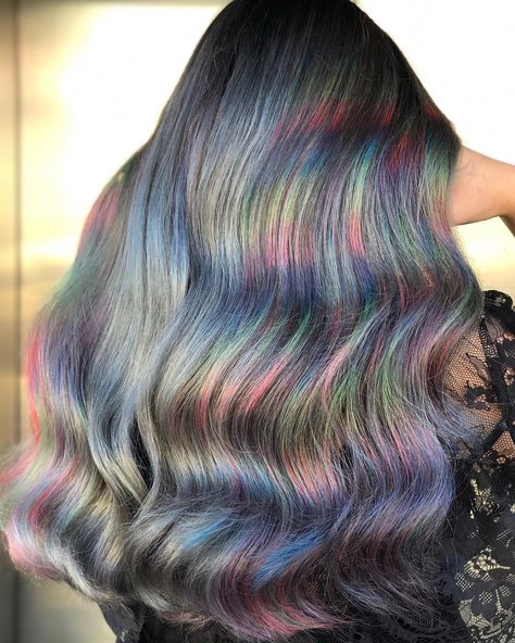 Prism Highlights Hair, Prism Hair Color Technique, Holographic Hair Dark, Prism Hair Color, Dye Highlights, Iridescent Hair, Extreme Hair Colors, Oil Slick Hair, Dyed Hair Care