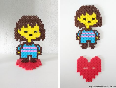 Frisk with stand - Undertale perler beads by TyphieChan Undertale Perler Beads, Undertale Birthday, Hama Art, Perler Creations, Kandi Perler, Pixel Beads, Melty Bead Patterns, Vine Compilation, Art Perle