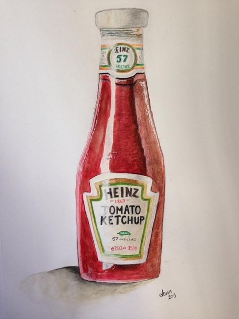 My asymmetric Heinz ketchup. Prismacolor Premiers, watercolors, white gel pen, everything that I could find. #ketchup #heinz #watercolor #drawing #3D Ketchup Bottle Drawing, Ketchup Drawing, Heinz Beans, Observational Drawings, Fruit Art Drawings, Heinz 57, Bus Art, Heinz Ketchup, Watercolour Ideas