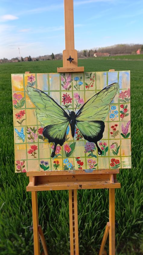 Butterfly Drawing Canvas, Diy Painting Gifts, Flower And Butterfly Painting, 16x20 Painting Ideas, Painting Collage Canvases, Painted Wall Art, Art To Sell, Butterfly Painting On Canvas, Long Canvas Painting Ideas