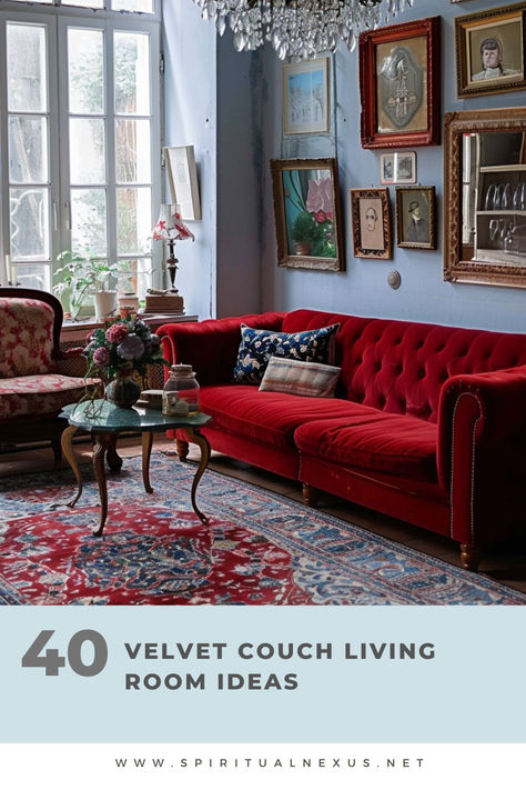 Get lost in these 40 dreamy velvet couch living room ideas. Perfect for creating a serene and stylish space. #DreamyLivingRoom #VelvetCouch #InteriorIdeas Red Velvet Sofa Living Room Ideas, Red Couch Living Room Ideas, Velvet Couch Living Room Ideas, Red Couch Decor, Red Velvet Couch, Ottawa House, Grey And Red Living Room, Burgundy Couch, Red Sofa Living Room