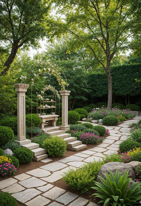 Sitting Area In Garden, Luxury Sitting Area, Brick Landscaping Ideas, Enchanted Yard, Brick Landscaping, Backyard Rock Garden, Small English Garden, Forest Ceremony, Rock Garden Ideas