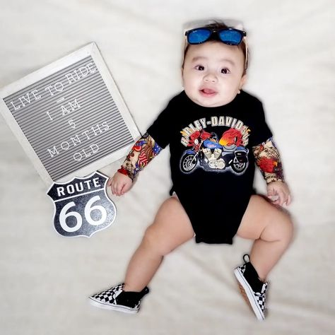 Baby months idea Harley Davidson Photos, Harley Davidson Baby, Old Route 66, Baby Photoshoot, Baby Stuff, Photo Shoot, Harley Davidson, Baby Onesies, Quick Saves