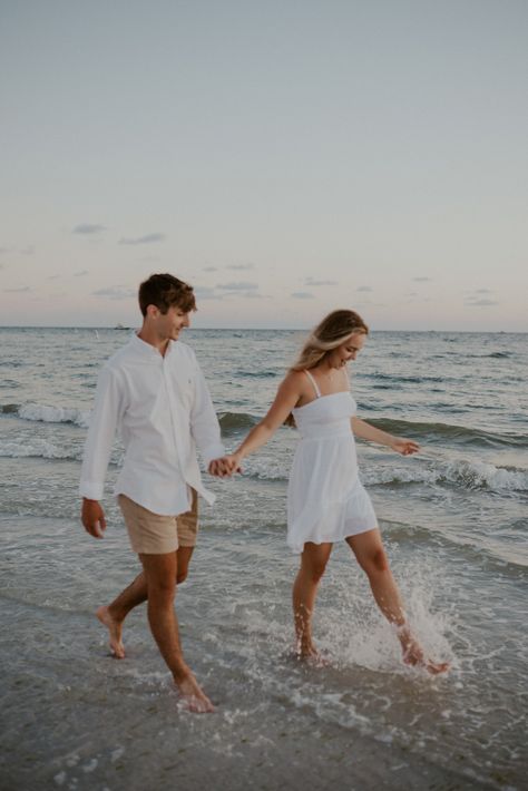 Couple Beach Pictures Outfits Engagement Photos, Beach Engagement Portraits, Simple Couple Beach Pictures, Couple Photos In The Ocean, Husband Wife Beach Pictures, Beach Outfits For Photoshoot, Beach Couples Outfits, White Outfit Beach Pictures Couple, Florida Couple Pictures