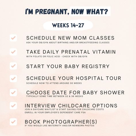 I'm pregnant, now what? Checklist for weeks 14-27+ First trimester ✅  The second trimester is most women’s favorite! Less nausea 🥳  More energy 🤩  Baby Registry 👀   Let Stress Less Mom guide you through the second trimester as you prepare for your baby’s arrival!  #firsttimemom #pregnancy #momlife #pregnancyjourney #secondtrimester #stresslessmom #pregnant #babyregistry Pregnant Now What, Princess Era, Pregnancy Preparation, Second Trimester, I'm Pregnant, Trimesters Of Pregnancy, Pregnancy Journey, First Trimester, More Energy