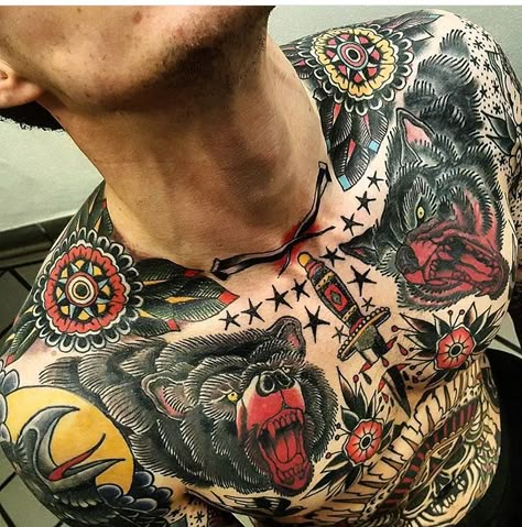 HALLELUJA DAS WILL ICH AUCH, WENN DIE DEUTSCHEN VERNICHTET SIND WOHNE ICH IN MEINEM STADTSCHLOSS UND VORHER GEHEN DIE KINDER DER GROSSEN BÄRIN AUF WELTREISE,  BUDDY Tattoo Ideas Traditional, Piece Tattoo Ideas, Chest Piece Tattoo, Traditional Chest Tattoo, Bodysuit Tattoos, Traditional Chest, Traditional Tattoo Old School, Traditional Sleeve, Traditional Tattoo Sleeve