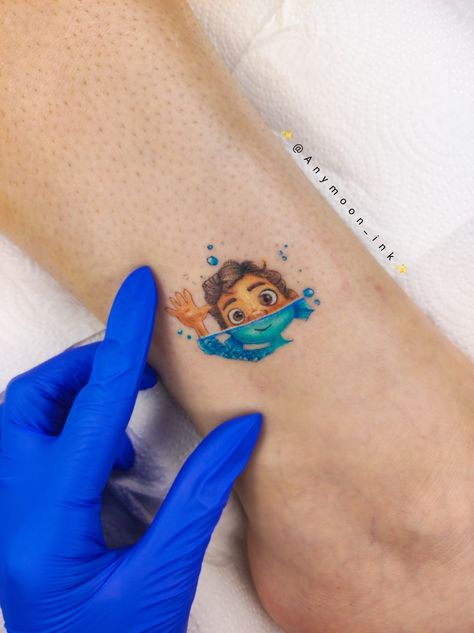 Disney tattoos #disney #anymoon #anymoonink #tattoo #tattoos Luca Disney Tattoo, Luca Tattoo Disney, Jordans Tattoo, Pixar Tattoo, Luca Tattoo, Coco Tattoo, Jordan Tattoo, Luca Disney, Disney Sleeve