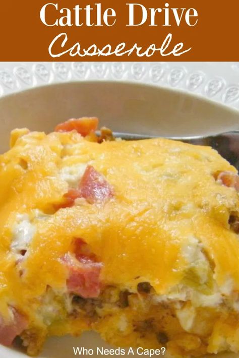 Cattle Drive Casserole - Who Needs A Cape? Cattle Drive Casserole, Cowboy Casserole Recipe, Cattle Drive, Bisquick Recipes, Keto Casserole, Hamburger Meat Recipes, Cheese Making, Beef Casserole Recipes, Hamburger Meat