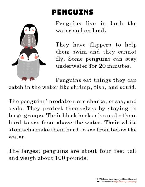 In this non-fiction passage, students learn about the penguin. Where does the penguin live? What does it eat? How does it look like? Penguin Story For Kids, Ingles Kids, Reading Comprehension For Kids, English Stories For Kids, Reading Comprehension Lessons, Learning English For Kids, Kids English, English Story, Phonics Reading