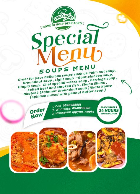 Fish Sales Flyer, Peanut Butter Soup, Soup Menu, Photoshop Shortcut, Restaurant Designs, Food Posters, Catering Design, Menu Card Design, Light Soups