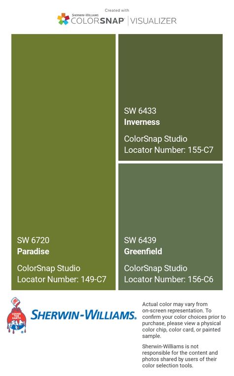 I just created this color palette with the Sherwin-Williams ColorSnap® Visualizer app on my Android phone. What do you think? You can learn more about ColorSnap Visualizer and get it on your phone free by visiting https://www.sherwin-williams.com/content/colorsnap.html. Inverness Sherwin Williams, Sherwin Williams Inverness, Zelda Room, Green Paint Colors, Color Chip, Story Board, Color Story, River House, Paint Samples