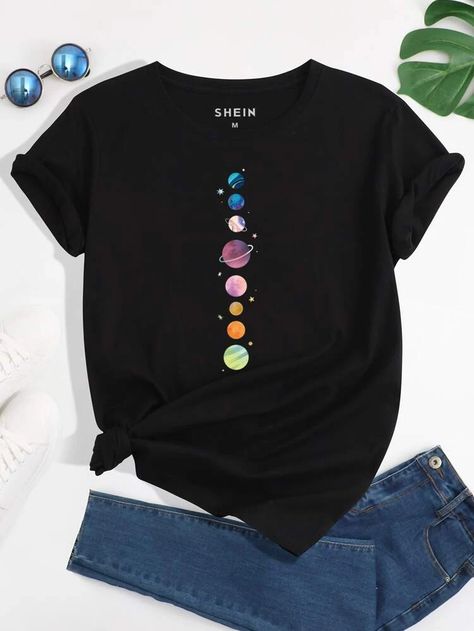 Outfit Informal, Flower T Shirt, Printed Tee Women, T Shirt Painting, Cute Shirt Designs, Galaxy Print, Ladies Tee Shirts, Prom Dresses Blue, Print Tee