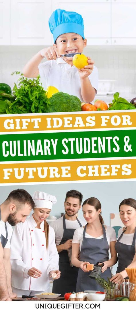 Gift Ideas for Culinary Students and Future Chefs | Graduation Gift Ideas for a Chef | Cooking School Gifts | Kitchen Themed Gift Ideas #culinarystudents #giftideasforchefs #giftsforachef #kitchentools #cookinggifts Gift Ideas For Chefs Boyfriend, Goft Ideas, Themed Gift Ideas, Student Prizes, Teen Presents, Kid Chef, Graduation Gift Ideas, Cooking Competition, Superhero Gifts