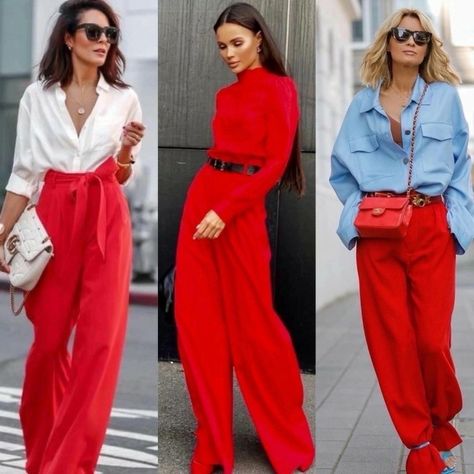 Red Trousers Outfit Classy, Red Pants Fashion, Red Trousers Outfit, Red Jeans Outfit, Red Pants Outfit, Casual Chique Stijl, Colour Combinations Fashion, Polished Casual, Red Trousers