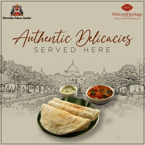 Traditional burst of South Indian cuisines served with love is what our dining experience is all about. Tantalize your taste buds with aromatic taste of authentic dishes. #ShivavilasPalace #SouthIndianfood #WelcomeHeritageHotels #Sandur #Hampi #Karnataka #Sandurfood #authenticdelicacies #amazingdelicacies #foodislove #foodanddine #dining #restaurant #foodislife #foodislove #foodstagram #soulfood #delicacies #amazingdelicacies Indian Restaurant Social Media Post, South Indian Food Creative Ads, Restaurant Creative Post, Indian Food Culture, Hampi Karnataka, Restaurant Brochures, Outdoor Catering, Cloud Kitchen, Food Videography