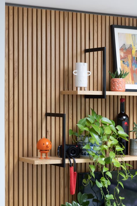 Wood Panelling Office, Wood Slats Wall With Shelves, Scandi Panelling, Scandi Wall Panelling, Wood Panelling Walls Kitchen, Wood Panelling Walls With Shelves, Wooden Slats Kitchen, Scandi Wood Panelling, Kitchen With Wood Paneling Walls