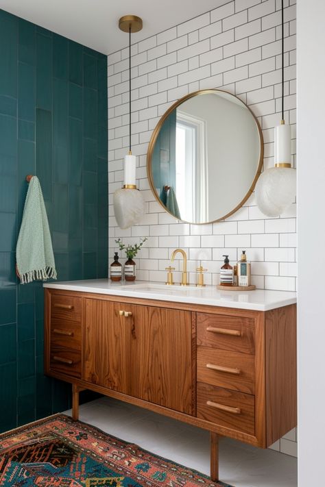 Use tiles and decor to create a stunning mid-century modern bathroom with these tips and ideas. Mid Century Modern Toilet Room, Retro Inspired Bathroom, Retro Modern Bathroom, Midcentury Bathroom Design, Retro Decorating Ideas, Mid Mod Bathroom, Modern Boho House, Mid Century Bathroom Remodel, Gangsters Paradise